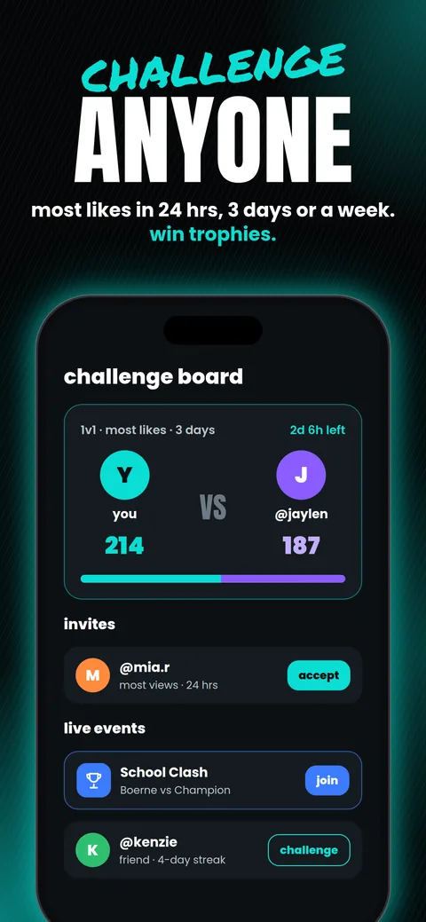 Portal app screen: Challenge anyone — most likes in 24 hours, 3 days or a week, win trophies