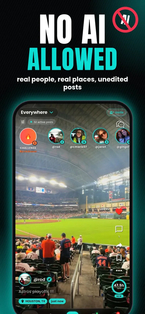 Portal app screen: No AI allowed — real people, real places, unedited posts
