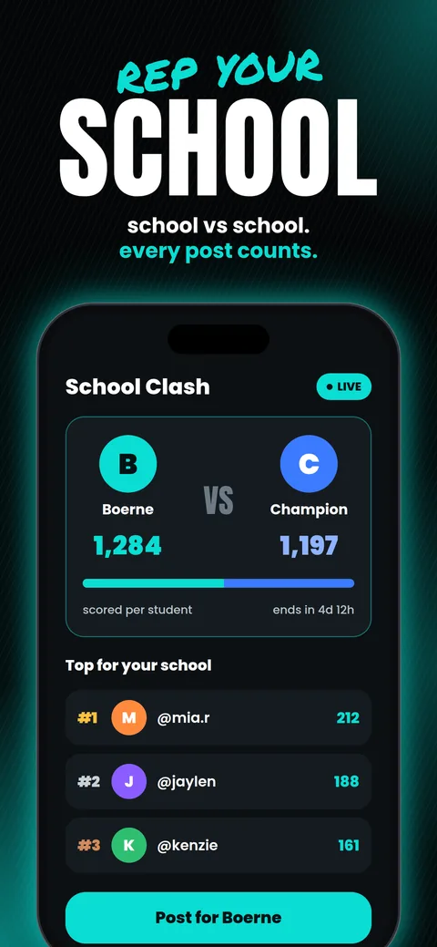 Portal app screen: Rep your school — school vs school Clash where every post counts